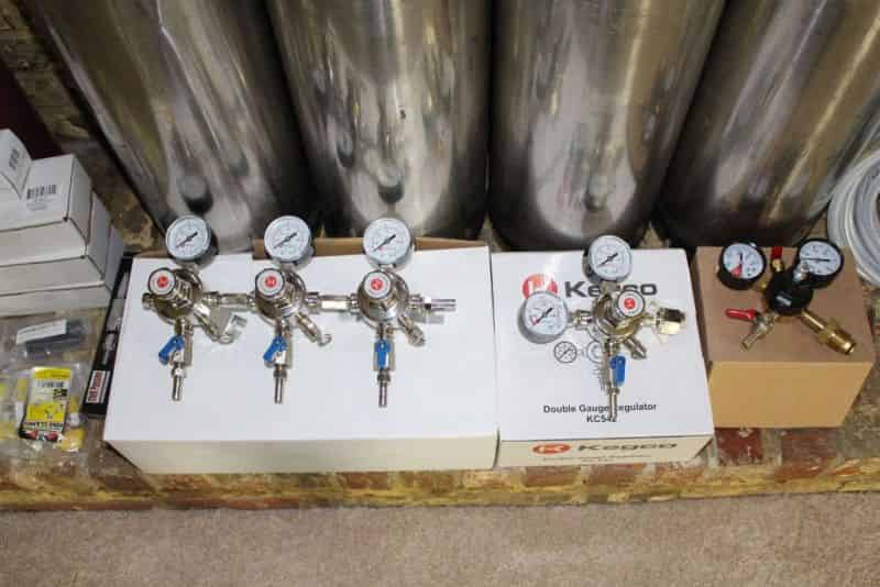 CO2 Regulator, Secondary CO2 Regulator, Nitrogen Regulator, and Kegs