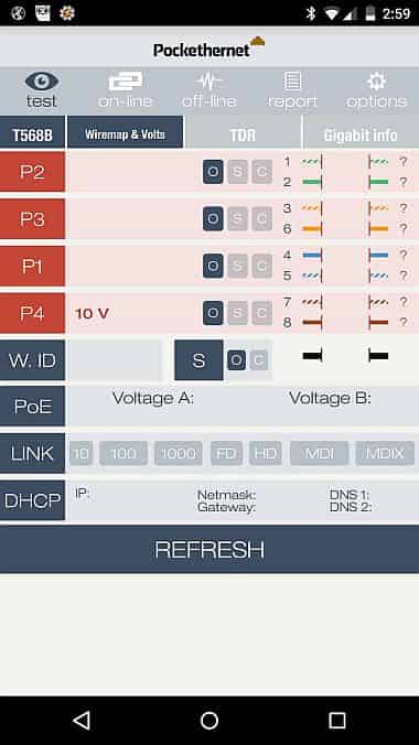 Pockethernet App sceeenshot: Wiremap & Volts