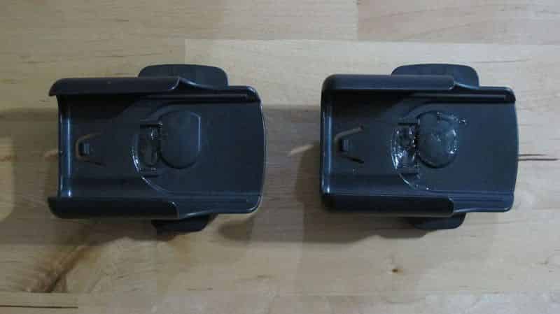 Two repaired clips; with nub on left without on right