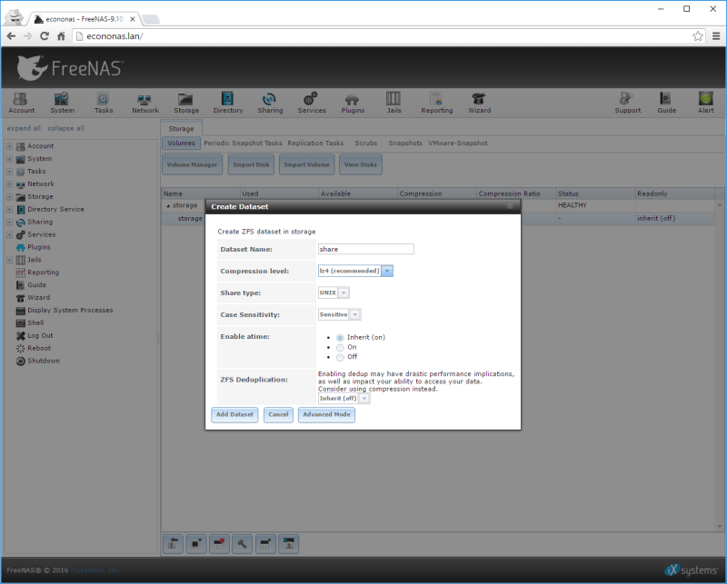 Create FreeNAS Dataset
