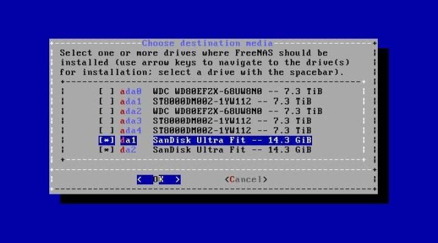 Selecting both USB drives to install FreeNAS on