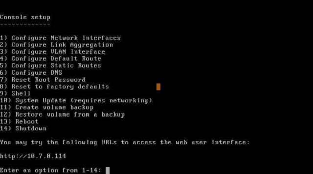 Main FreeNAS Console after initial boot
