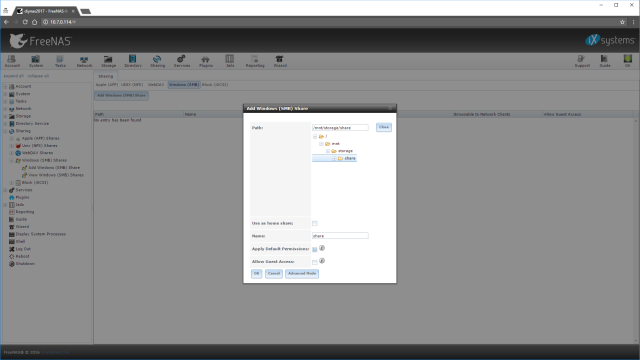 Creating a Windows share pointed at the dataset