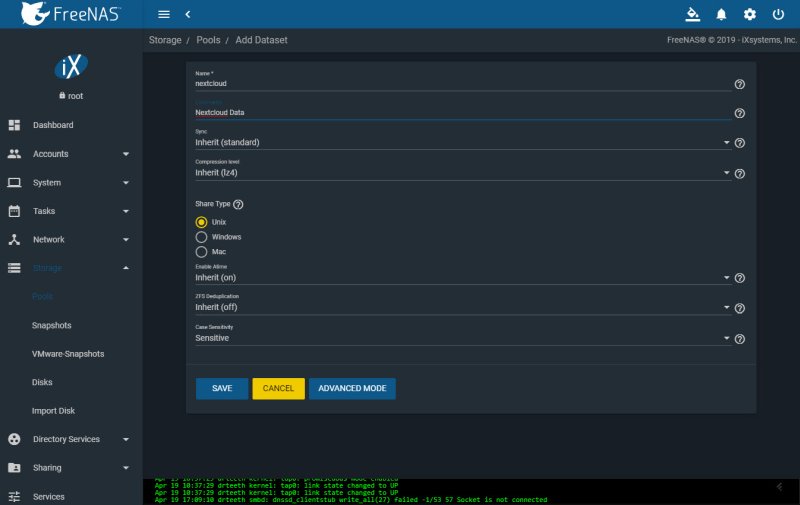 Adding ZFS Dataset