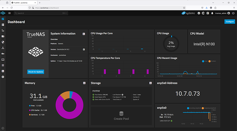 Brian's PocketNAS TrueNAS SCALE Dashboard