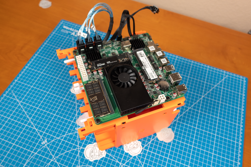 Motherboard, RAM, NVMe SSDs mounted atop drive bay #2