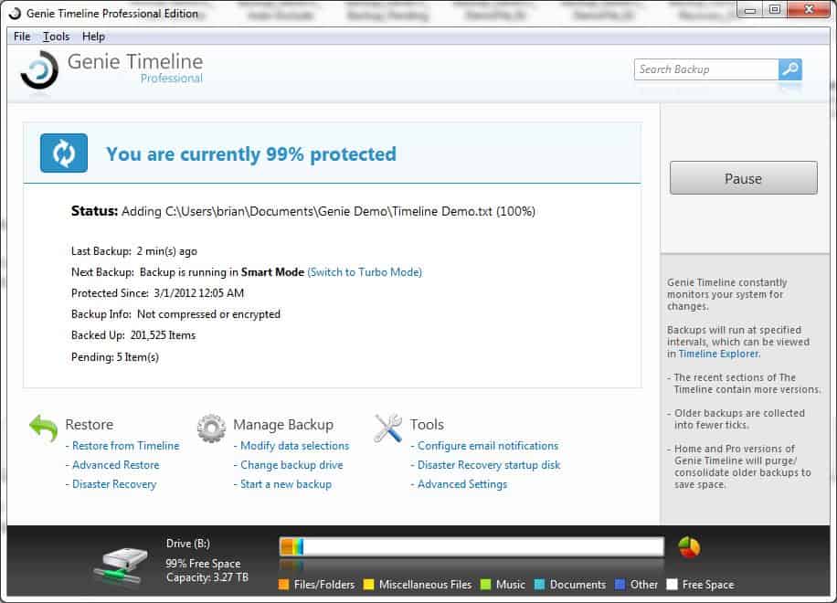 Genie Timeline picks up the change and backs the file up.